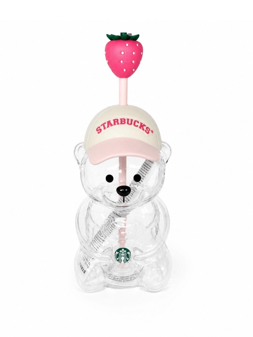 Starbucks Clear Bear Bottle with Cream & Pink Cap and Strawberry Top